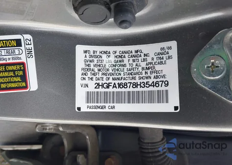 2008 Honda Civic Ex from USA, damaged, VIN 2HGFA16878H354679